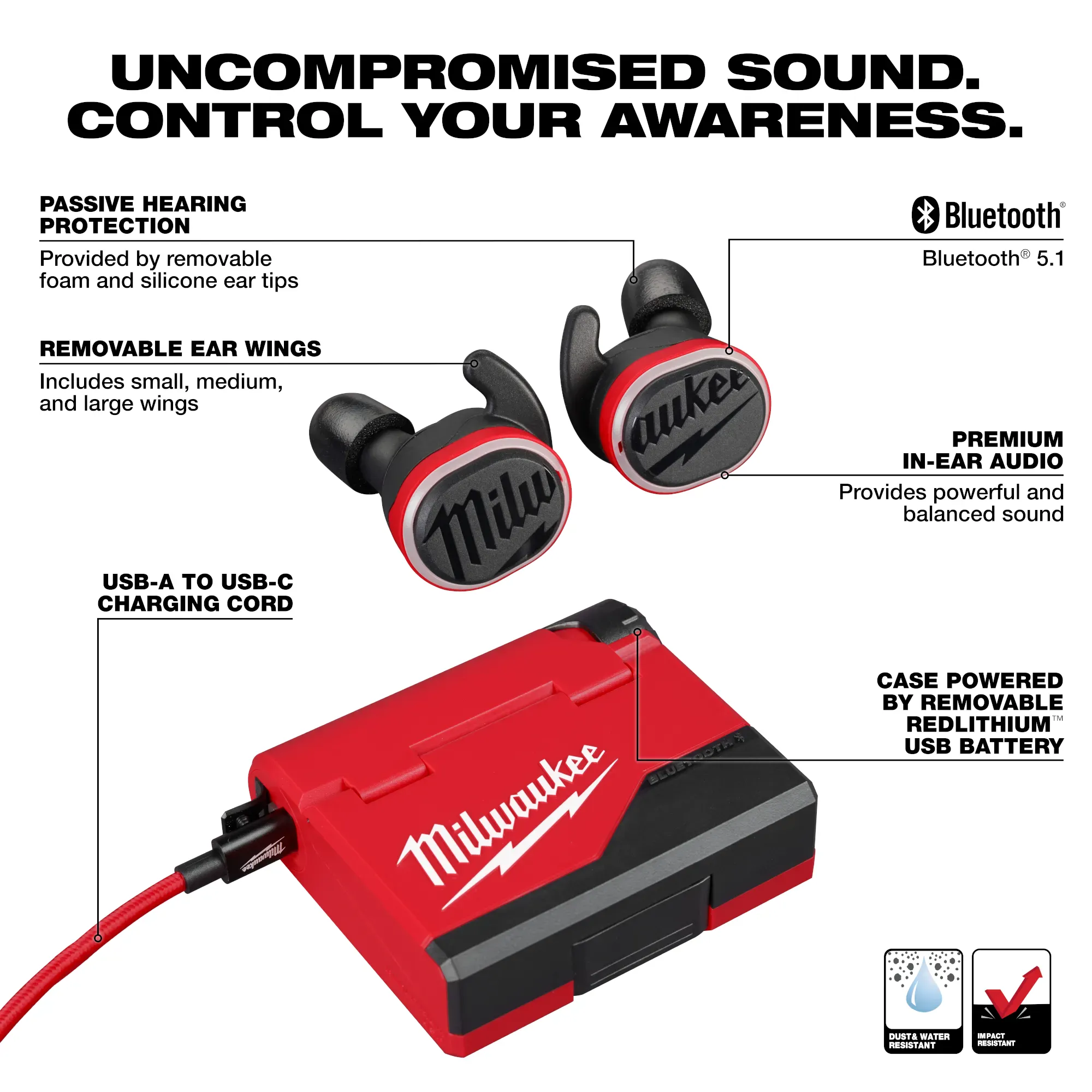 Milwaukee REDLITHIUM USB Bluetooth Jobsite Ear Buds from GME Supply